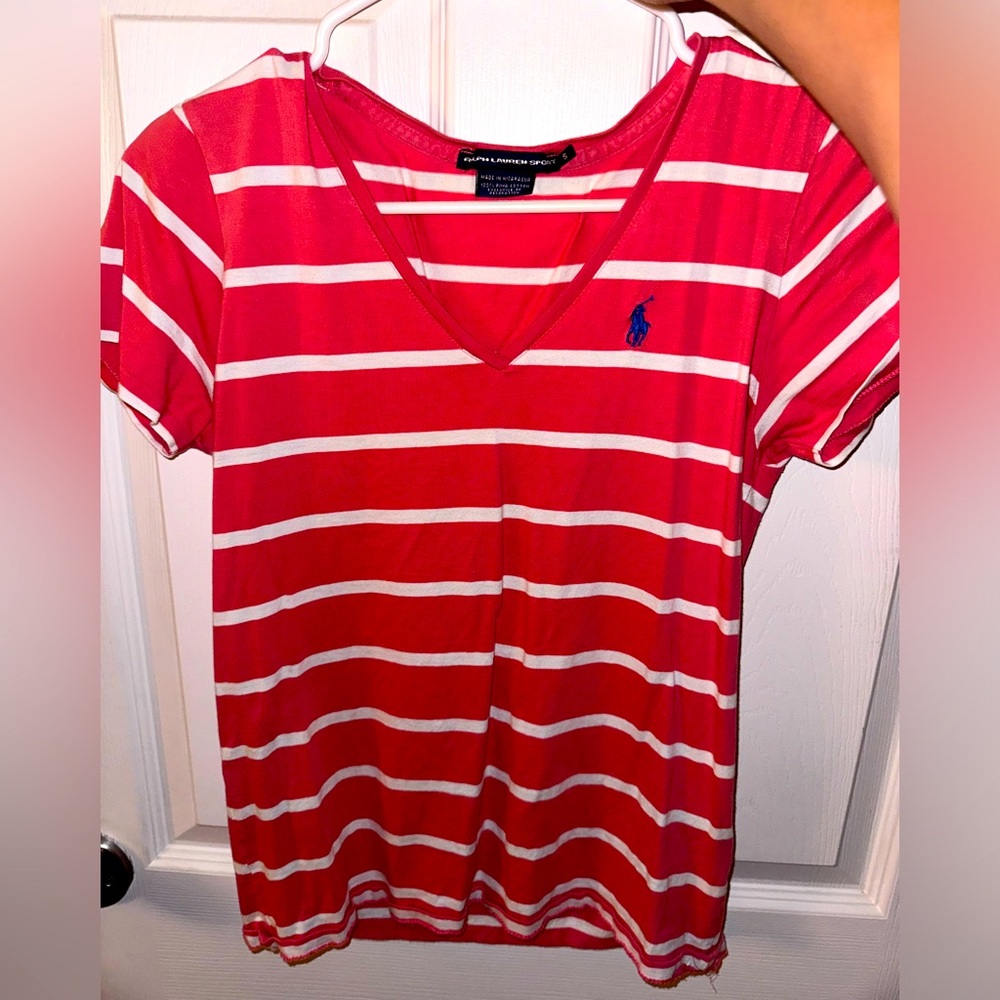 Women’s Ralph Lauren pink and white striped shirt. Size Small. Blue polo logo.
